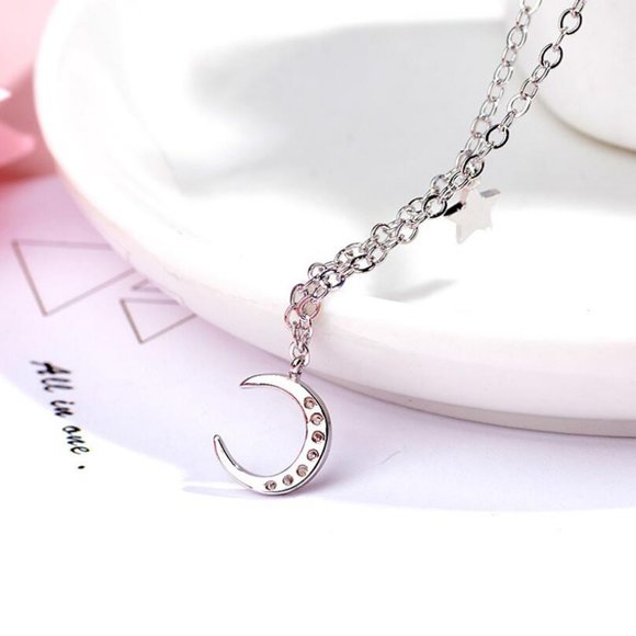 *925 Sterling Silver Diamond Moon Star Necklace E1 - Picture 4 of 14